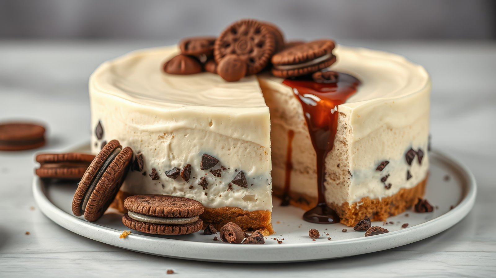 Decadent dessert featuring chocolate cream cake topped with cookies and a rich chocolate drizzle